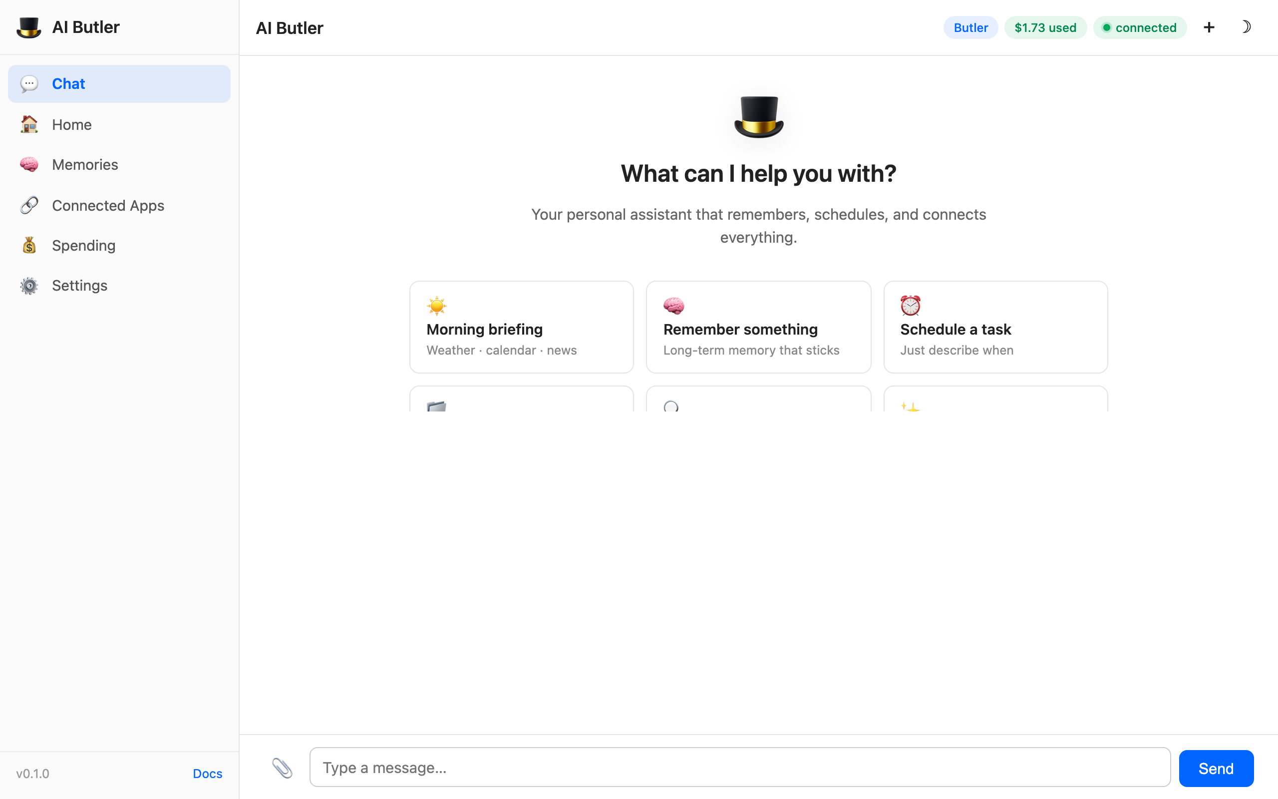 AI Butler welcome screen with 6 starter prompts