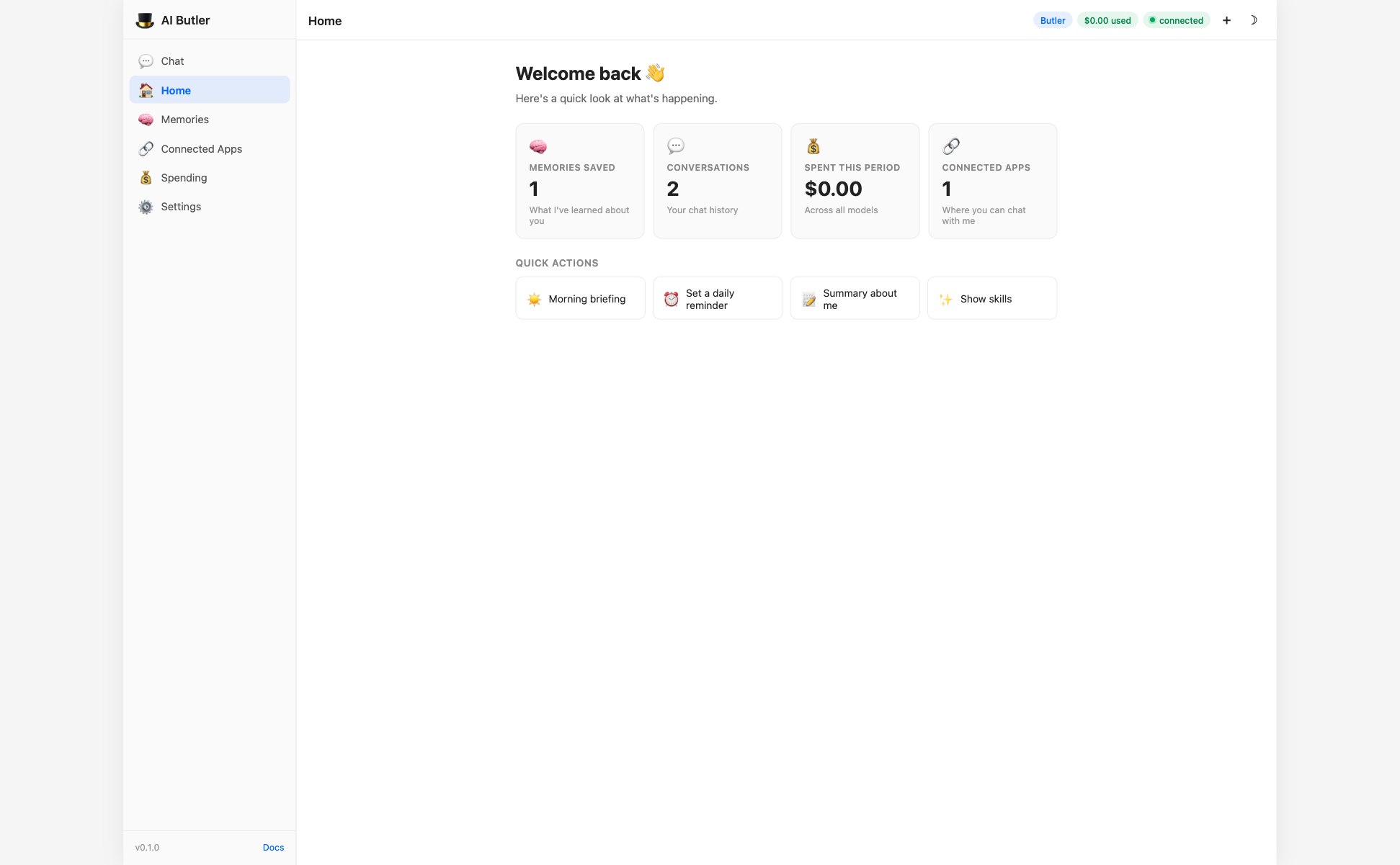 AI Butler Home dashboard with live tiles for memories, conversations, spending, and connected apps