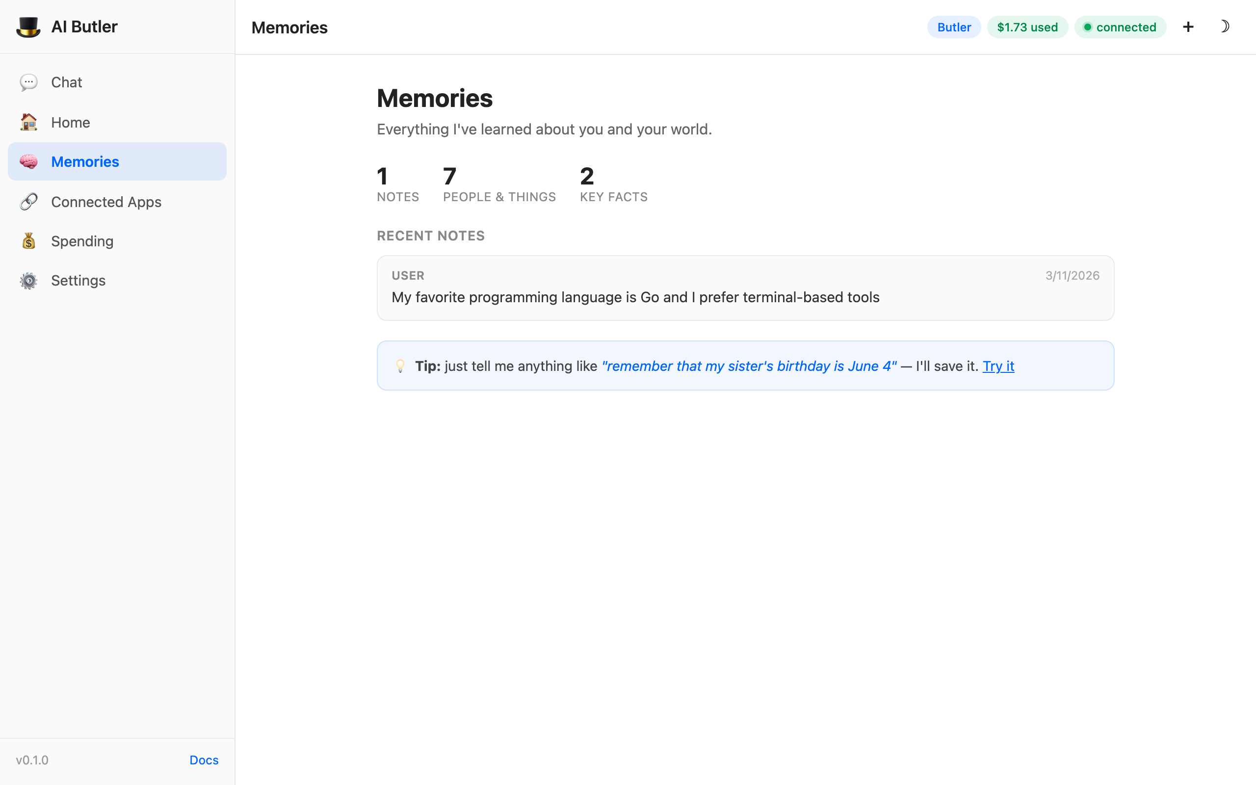 AI Butler Memories panel showing notes, people, and key facts