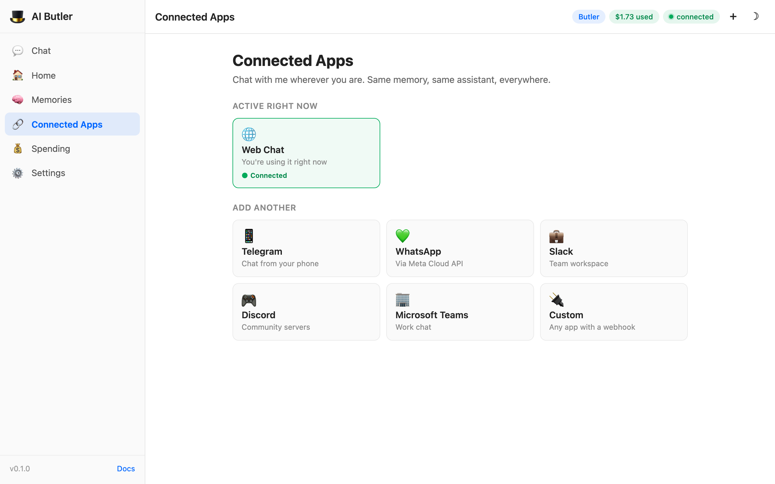 AI Butler Connected Apps panel showing Web Chat active and 6 channels to add