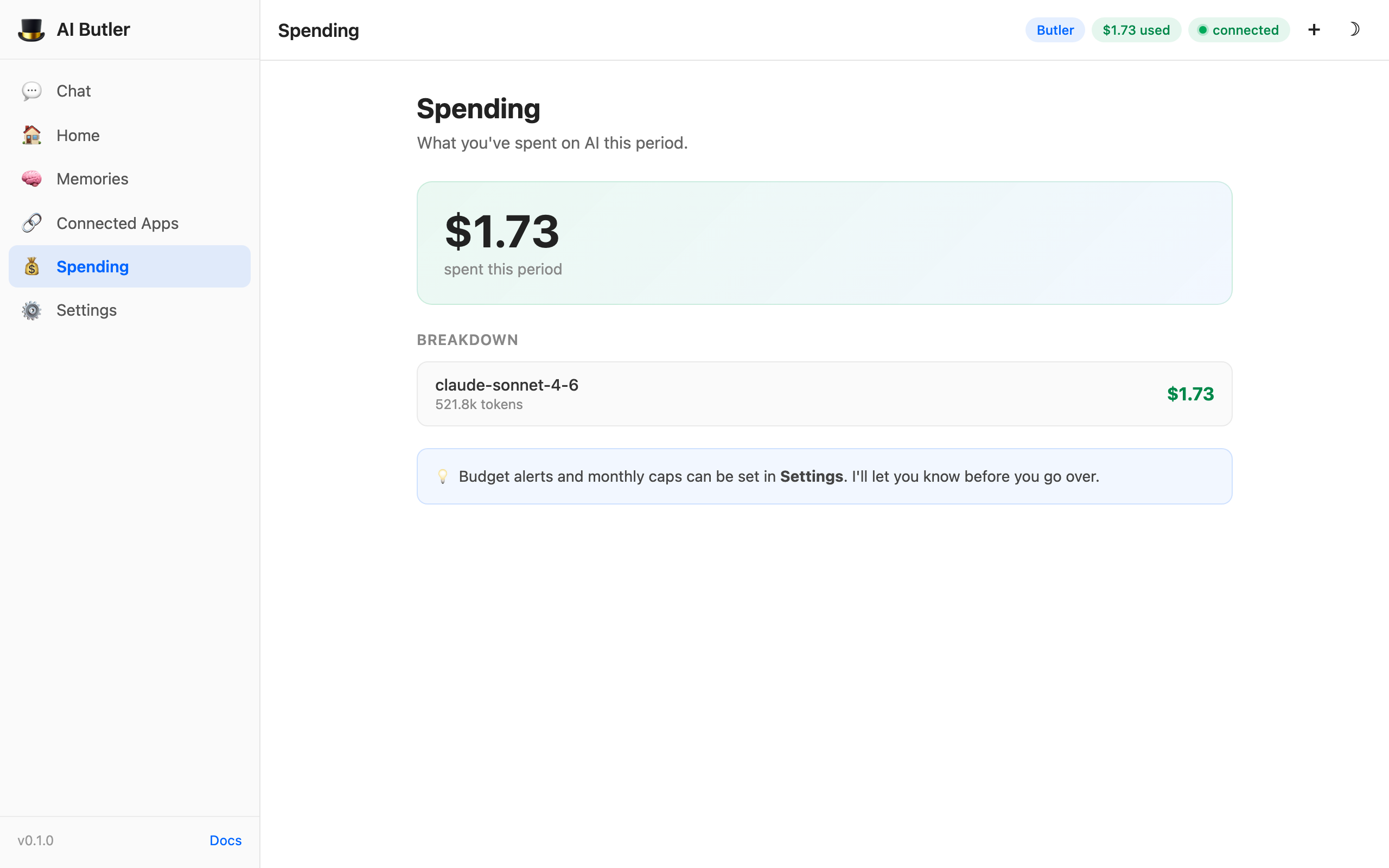 AI Butler Spending panel with big total and per-model breakdown
