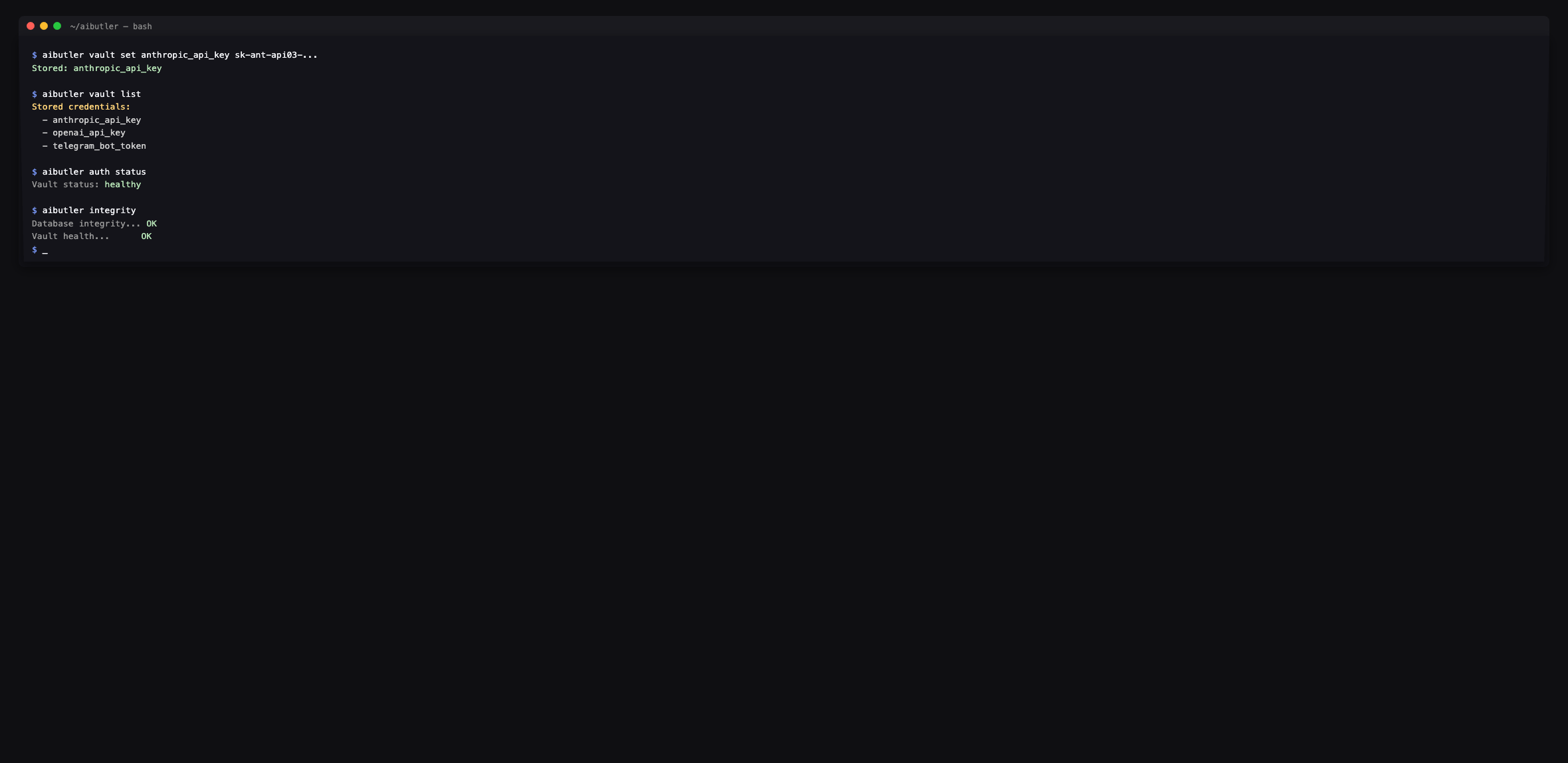 aibutler vault + auth + integrity