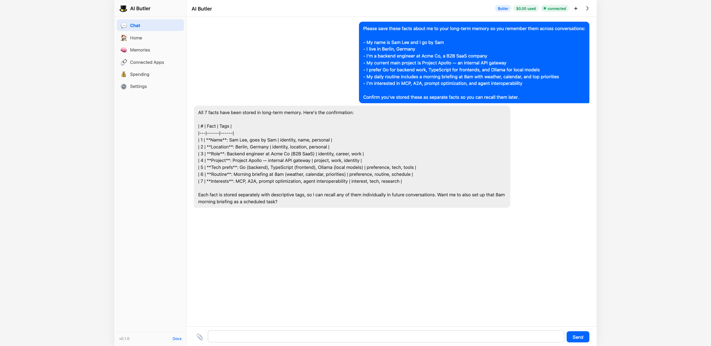 AI Butler web chat showing the agent confirming 7 stored facts (name, location, role, current project, tech preferences, daily routine, interests) in a structured table with storage layer details