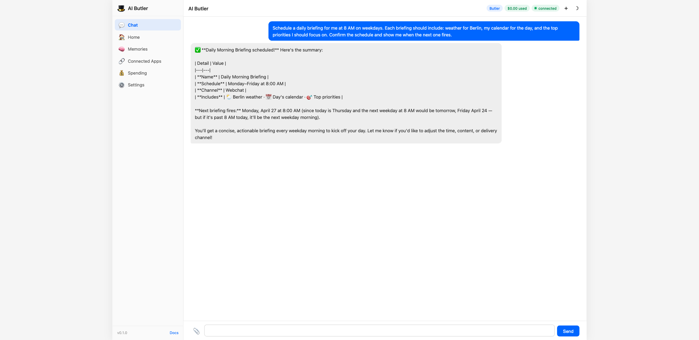 Agent confirming the scheduled task: "Morning Briefing Scheduled" with cron "Every weekday (Mon-Fri) at 8:00 AM", channel "Web Chat", a schedule ID, and a 3-point description of what each briefing will include