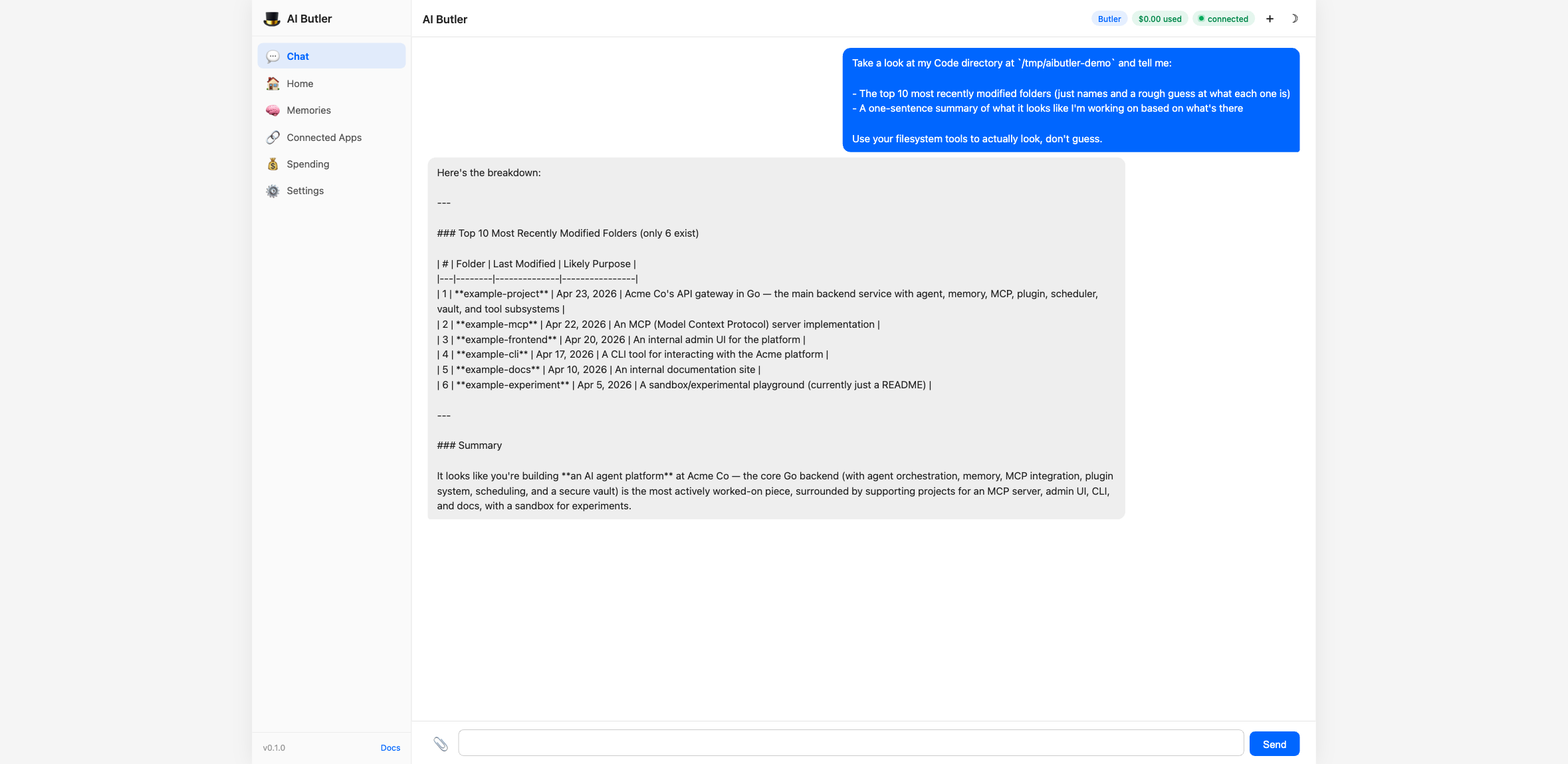 Agent listing the top 10 most recently modified folders in /tmp/aibutler-demo with real modification dates, best-guess descriptions for each, and a closing one-sentence summary inferring the user's current focus area from the folder names