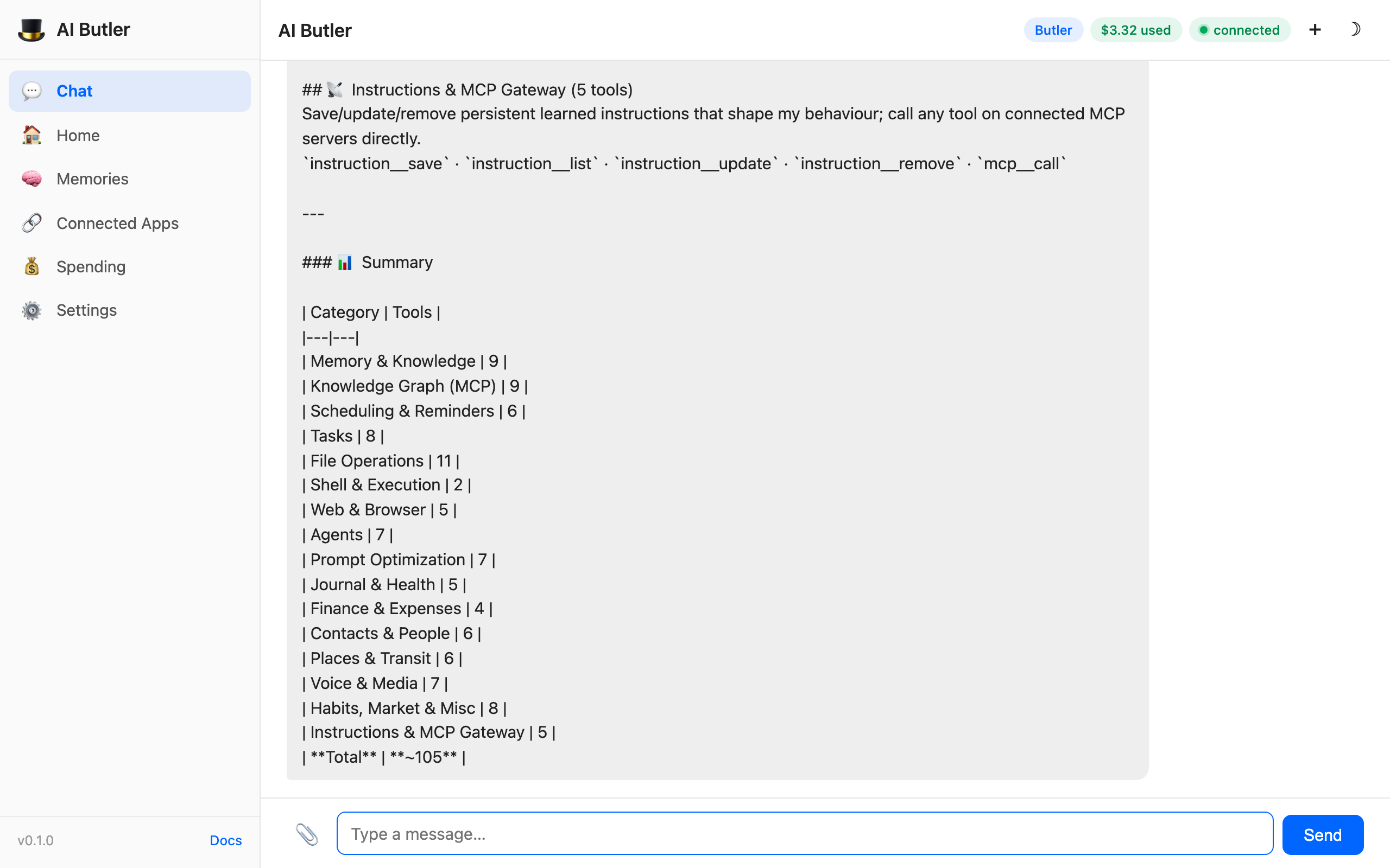 Agent returning a full tool capability summary grouped into 16 categories: Memory & Knowledge (9), Knowledge Graph MCP (2), Scheduling & Reminders (6), Tasks (8), File Operations (11), Shell & Execution (5), Web & Browser (5), Agents (7), Prompt Optimization (7), Journal & Health (5), Finance & Expenses (4), Contacts & People (6), Places & Transit (7), Voice & Media (7), Habits Market & Misc (8), Instructions & MCP Gateway (5) — total ~105 tools