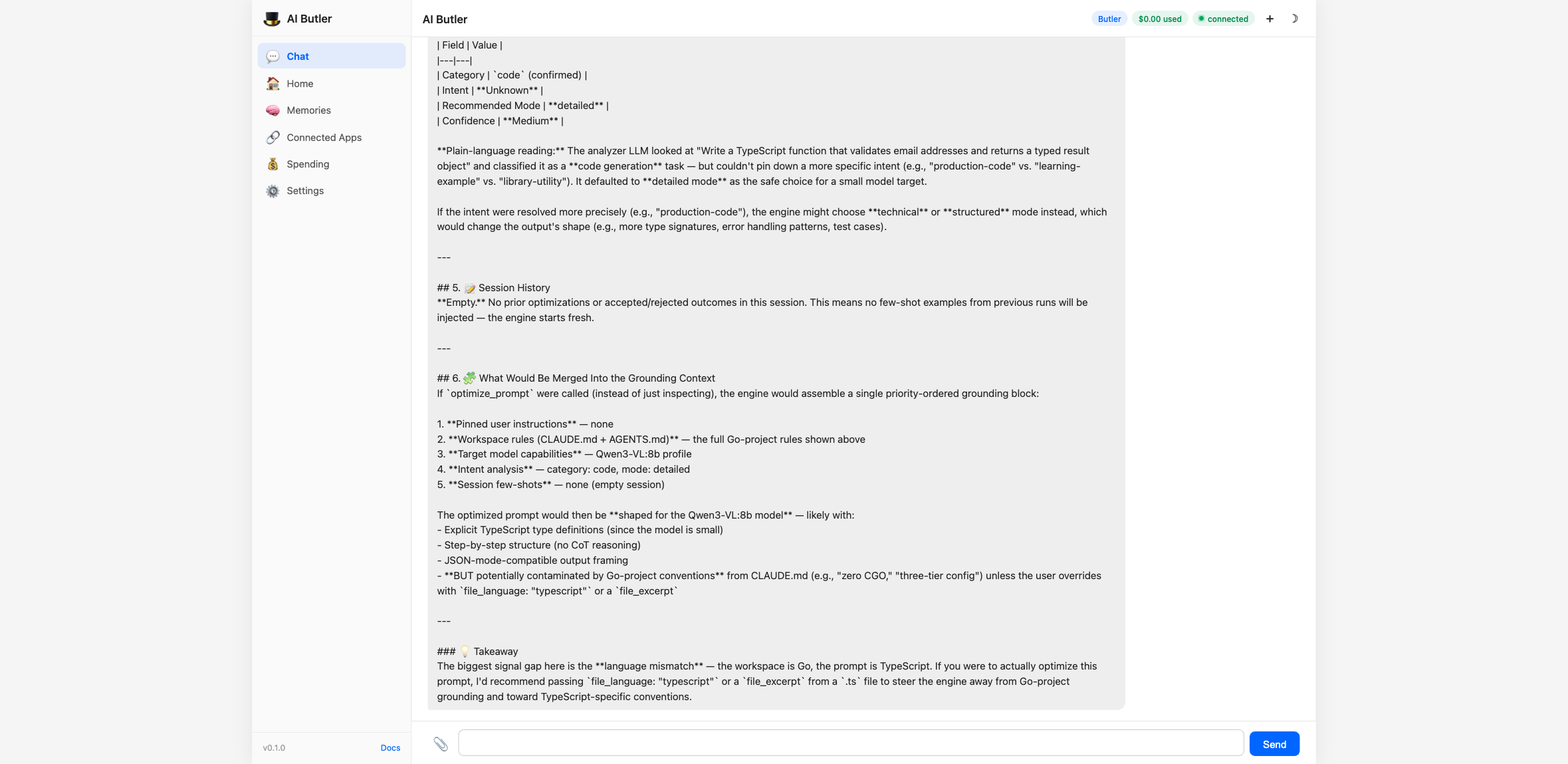 Context Engine inspection — analyzer output (Category=code, Intent=production-code, Recommended Mode=detailed, Confidence=Medium), session history (empty for first call), and the 7-source grounding stack: pinned instructions, project rules, active file, session few-shot, web search, workspace metadata, target-model hints, custom platform instructions, built-in syntax hints. Closing takeaway about the language mismatch the engine detected.