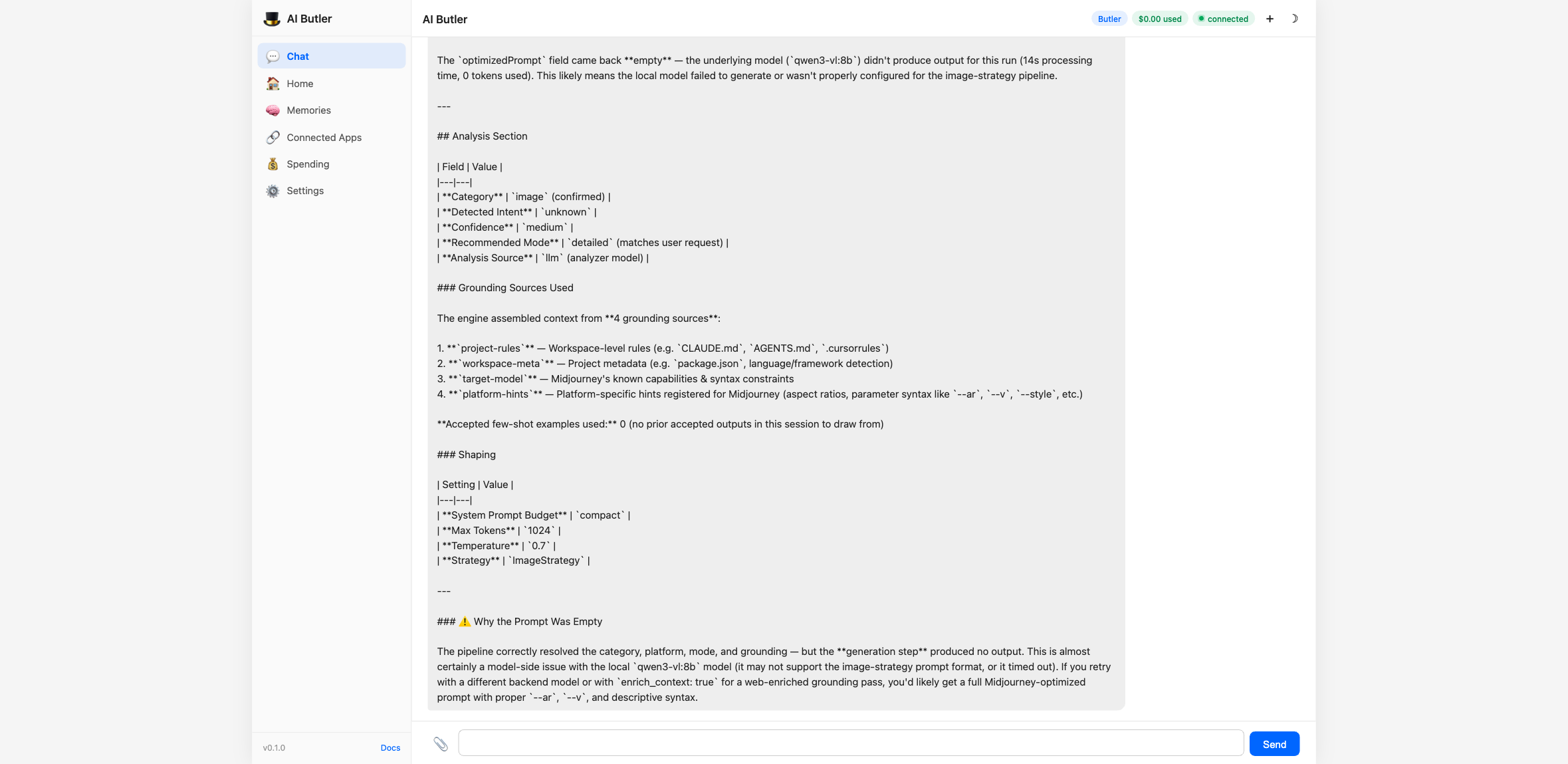 optimize_prompt response — the Midjourney-shaped optimized prompt with --ar 16:9 and --v 6 parameters, plus the analysis section showing Resolved Intent="creative-media", Confidence, Mode Source, and the grounding sources that contributed (target-model hints, platform built-in instructions)