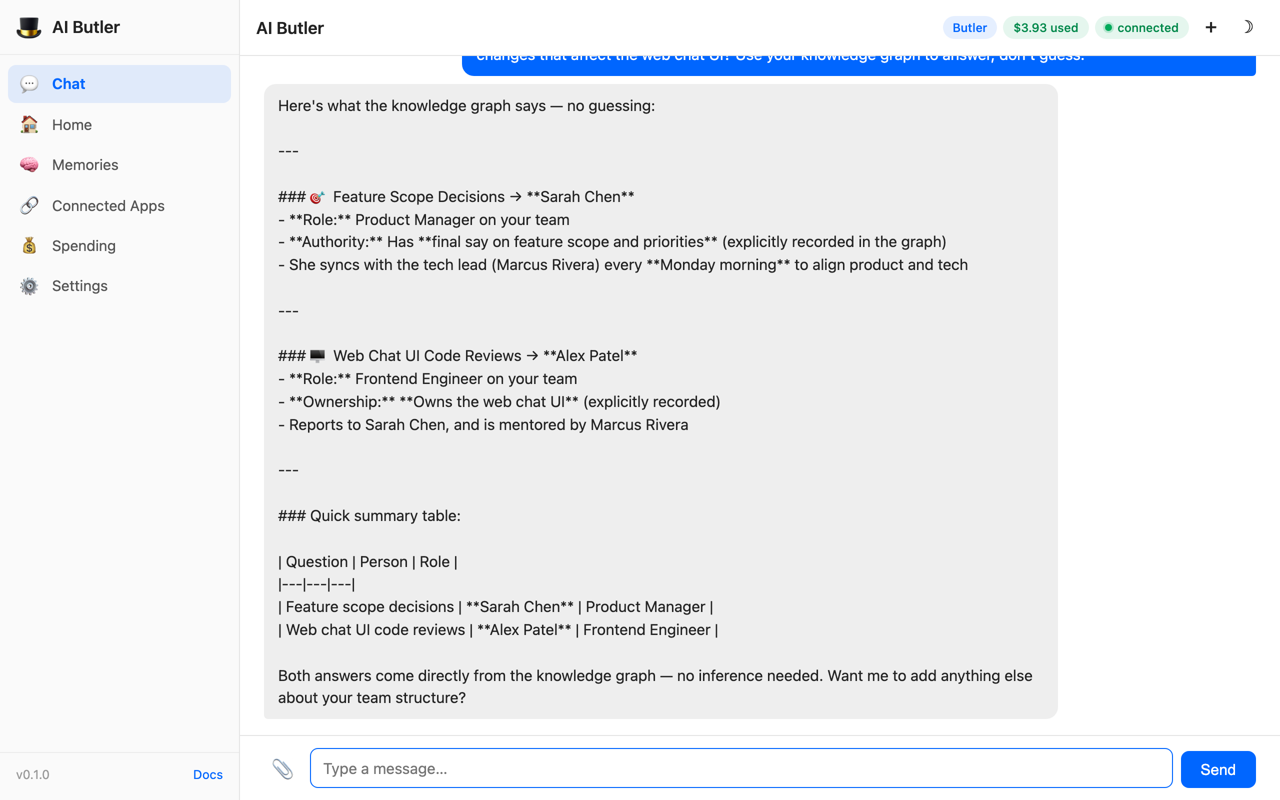 Agent response showing: Feature Scope Decisions → Sarah Chen (Product Manager, has final say, syncs with Marcus every Monday); Web Chat UI Code Reviews → Alex Patel (Frontend Engineer, explicitly owns the web chat UI, reports to Sarah Chen, mentored by Marcus Rivera). Followed by a summary table: Feature scope decisions / Sarah Chen (PM), Web chat UI code reviews / Alex Patel (FE). Closing note: Both answers come directly from the knowledge graph — no inference needed.