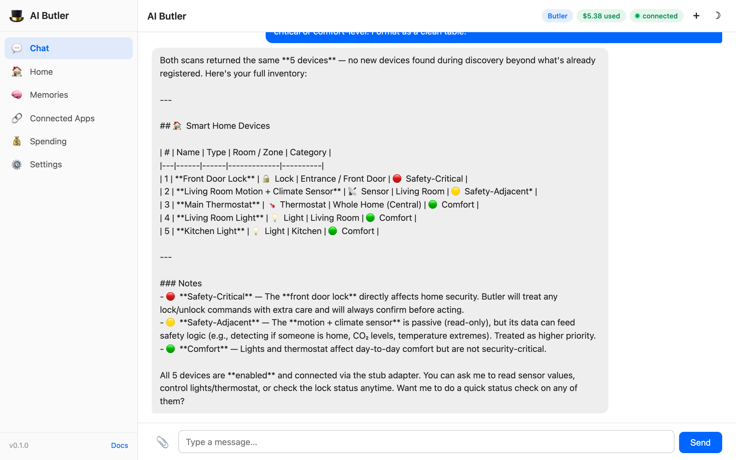 Agent response showing a cross-checked inventory of 5 smart home devices: Front Door Lock (Safety-Critical), Living Room Motion + Climate Sensor (Safety-Adjacent, read-only), Main Thermostat (Comfort, Central), Living Room Light (Comfort), Kitchen Light (Comfort). Plus an explanation of what Safety-Critical, Safety-Adjacent, and Comfort mean — 'confirm before acting' vs 'data can feed safety logic' vs 'affects day-to-day comfort but aren't security-critical'. Closing offer: 'Want me to do a quick status check on any of them?'