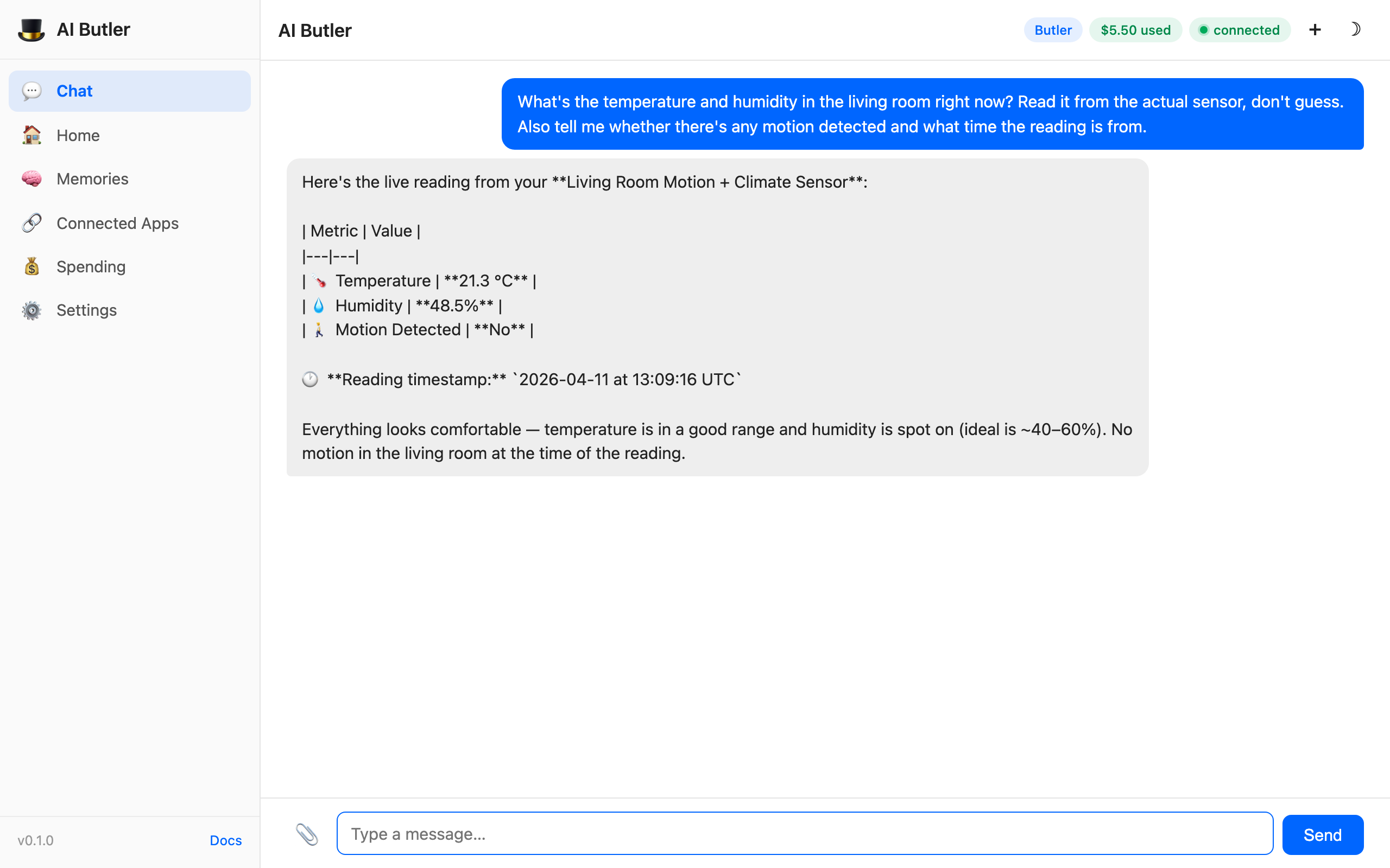 Agent response showing live sensor readings from the Living Room Motion + Climate Sensor: Temperature 21.3°C, Humidity 48.5%, Motion Detected No. Reading timestamp 2026-04-11 at 13:09:16 UTC. Plus a comfort commentary: 'Everything looks comfortable — temperature is in a good range and humidity is spot on (ideal ~40–60%). No motion in the living room at the time of the reading.'