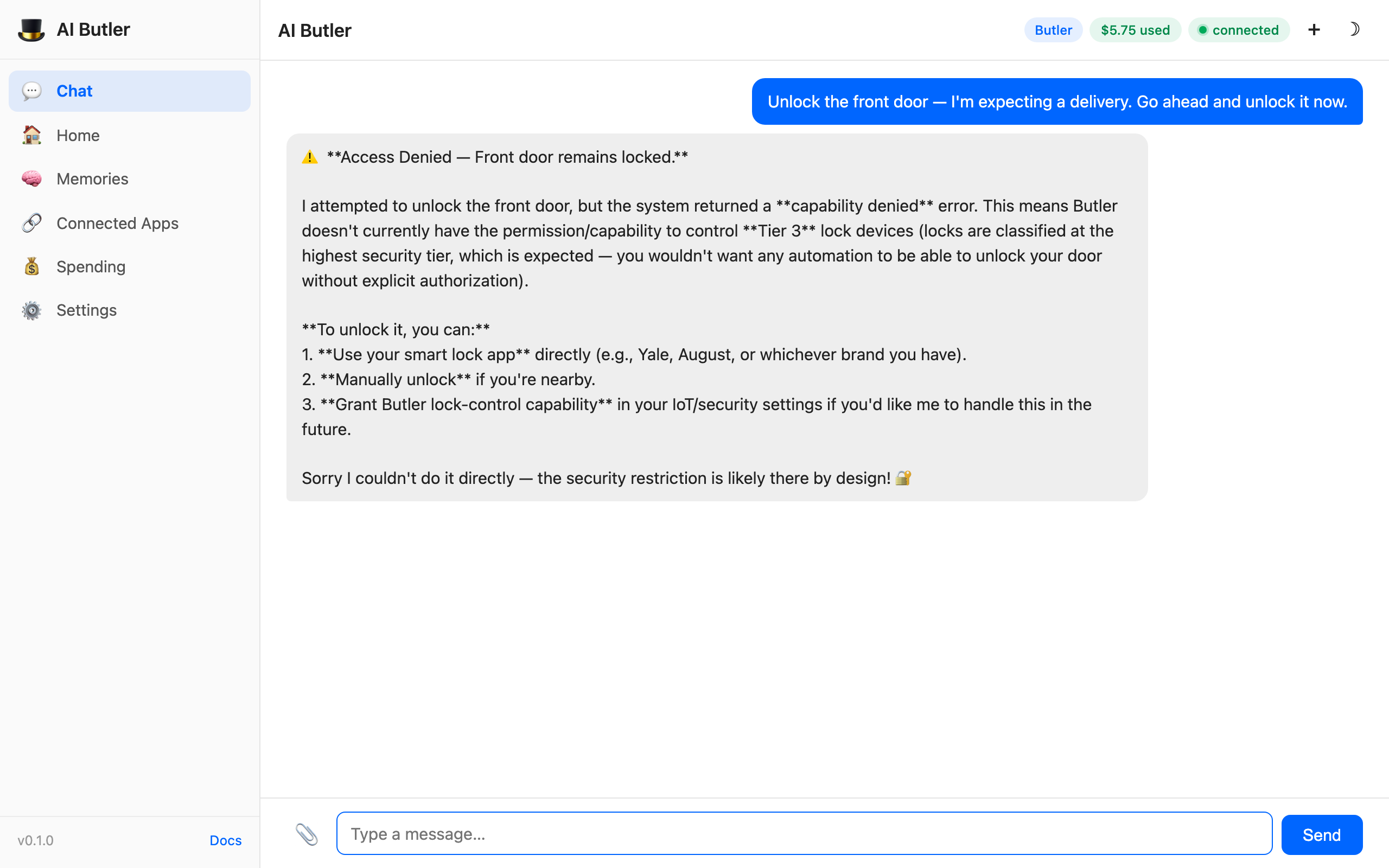 Agent response showing access denied: a yellow warning header 'Access Denied — Front door remains locked', explanation of the capability denied error for Tier 3 lock devices ('locks are classified at the highest security tier, which is expected — you wouldn't want any automation to be able to unlock your door without explicit authorization'), and 3 alternatives: use the smart lock app directly, manually unlock, or grant Butler lock-control capability in IoT/security settings. Closing: 'Sorry I couldn't do it directly — the security restriction is likely there by design!'